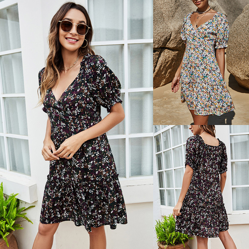 

INS Summer New Printed Floral A- line Dress Sexy V-neck Tight Waist Dress Slim-Fit Short Sleeve Large Swing Dress, Purple coffee