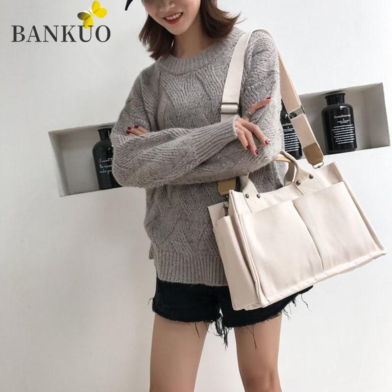 

BANKUO New Trendy Korean Canvas Bag Large Capacity Zipper Women Shoulder Bags Student School Bags Foldable Casual Handbag Z102, Black