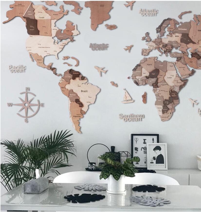 Real wood world map travel Decorative Objects Nordic living room background wall decoration paintings large three-dimensional irregular-image-752059090