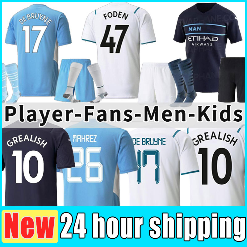 

Thai 21 22 GREALISH soccer jersey STERLING manchester FERRAN MAHREZ DE BRUYNE foden 2022 football shirts MAN men + kids RÚBEN CITY kits G.JESUS 9 full set socks FANS Player, Away+patch