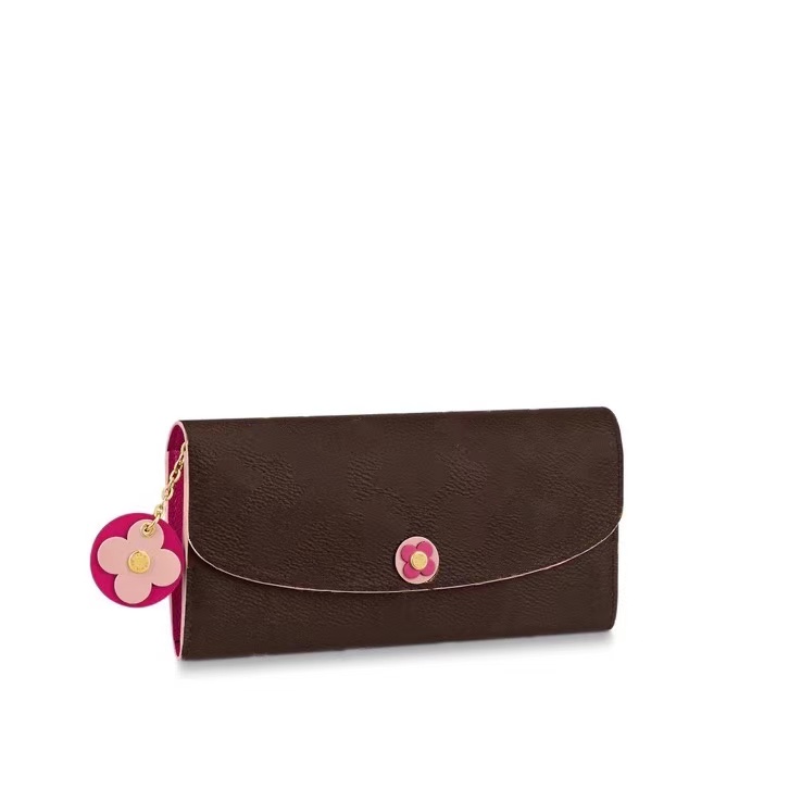 

Classic Pattern Designer Wallets Emilie Women's Snap Closure Canvas Wallet with Red Leather Card Holder Money Clip Interior Compartment Floral Pendant M64202, Brown