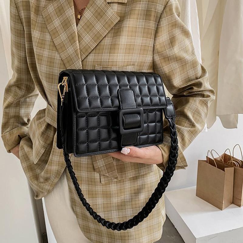 

Lattice Square Shoulder Bag Women High Quality PU Leather Luxury Handbag Designer Women's Bags 2021 Messenger Bag Female Purse, Black