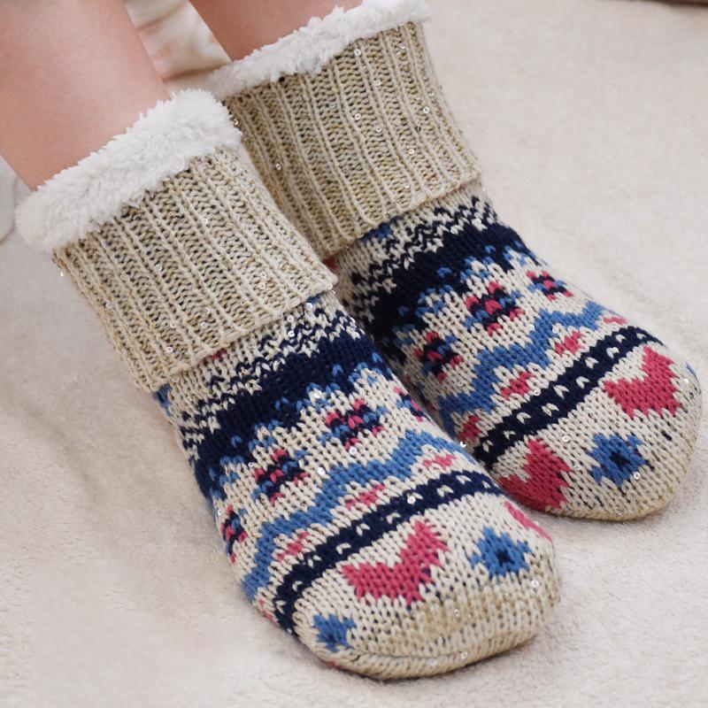 

Slippers Women Socks Soft Thick Fleece Warm Anti-Slip Slipper Home Bed Floor Winter Patchwork Ladies 2021, Beige pink