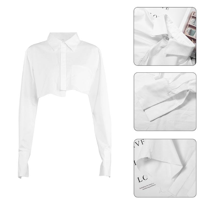 

Women' Blouses & Shirts Women Flare Long Sleeve Lapel White Shirt Button Irregular Frayed Hem Crop Top LX9E