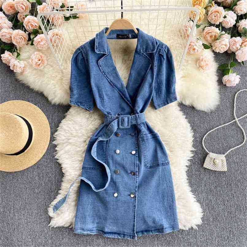 

Denim Dress Women Elegant Blue Short Sleeve Summer Notched Collar Belted Double Breasted Korean Style Backless Jeans 210603