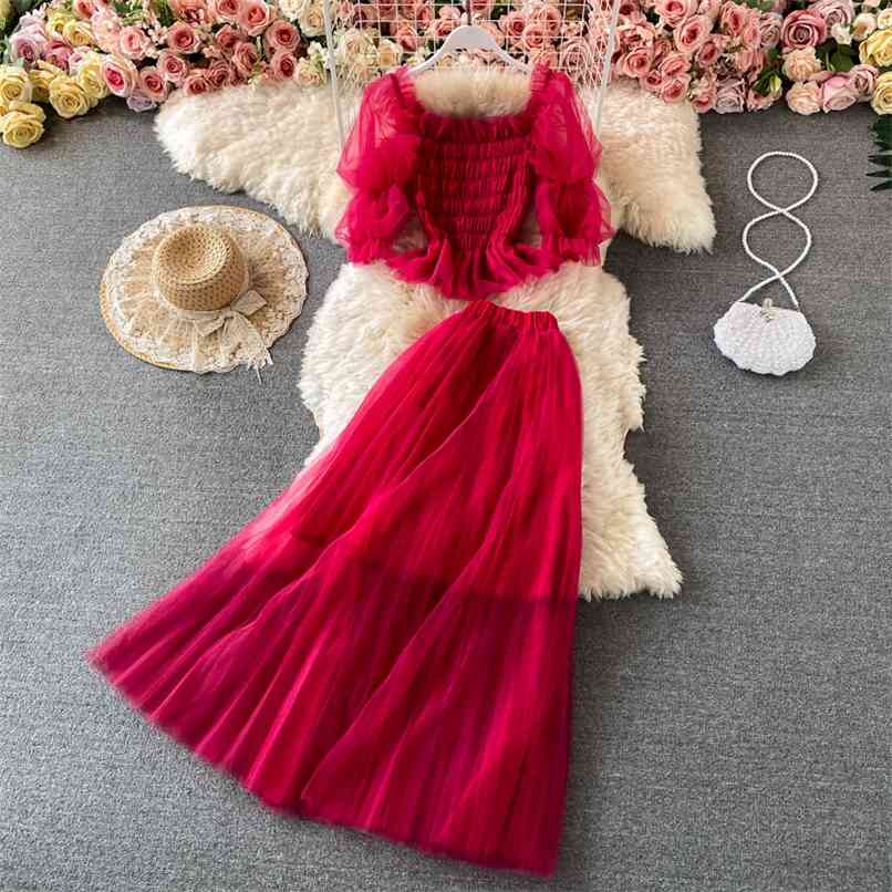 

Solid Mesh Two piece set Women Summer Off shoulder Puff sleeve Pleated Elastic Blouse Tops and Long Maxi Skirts Suits 210602, Black