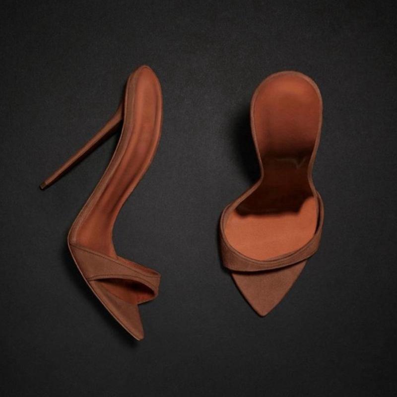 

fashion chic sandals pointed toes gladiator strap stiletto heel Micro Suede high heels women party footwear big size designer shoes, Black