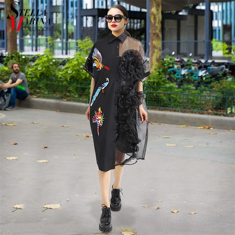 

Summer Woman Black Midi Mesh & Chiffon Shirt Dress Plus Size Ruffle Embroidery Sequined Lady Sheer Voile Party Dresses Robe 3392 210309, 3392 black