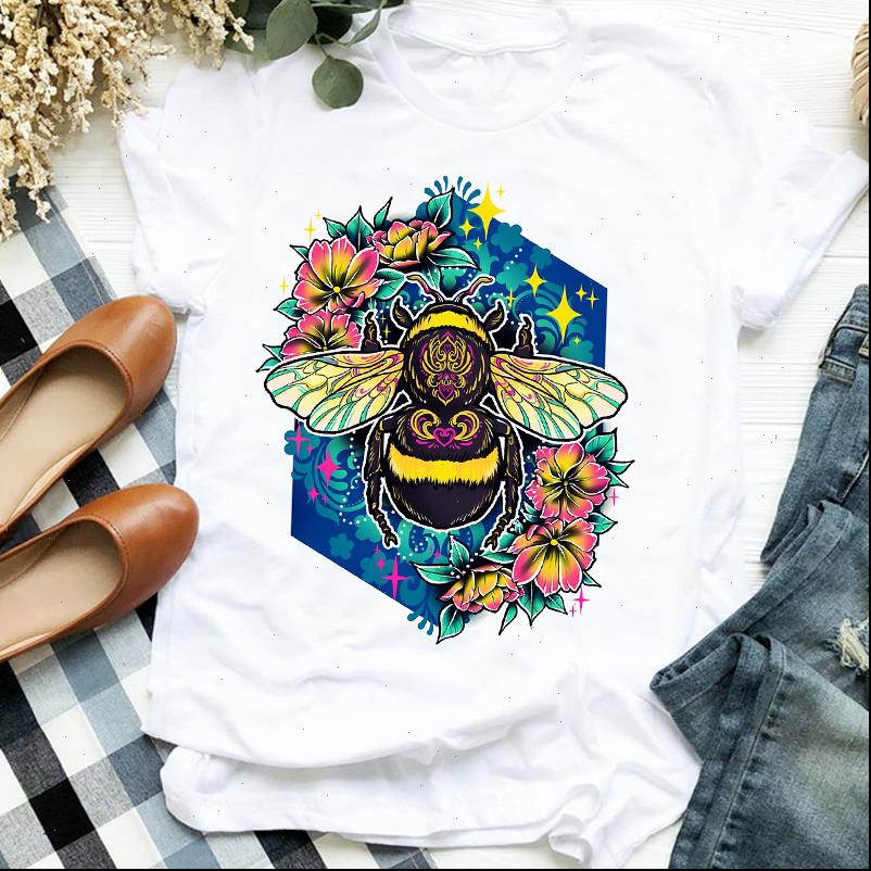 

women lady womens t shirt cartoon bee sweet flower 90s cute fashion print clothes tee tshirt for female graphic, White
