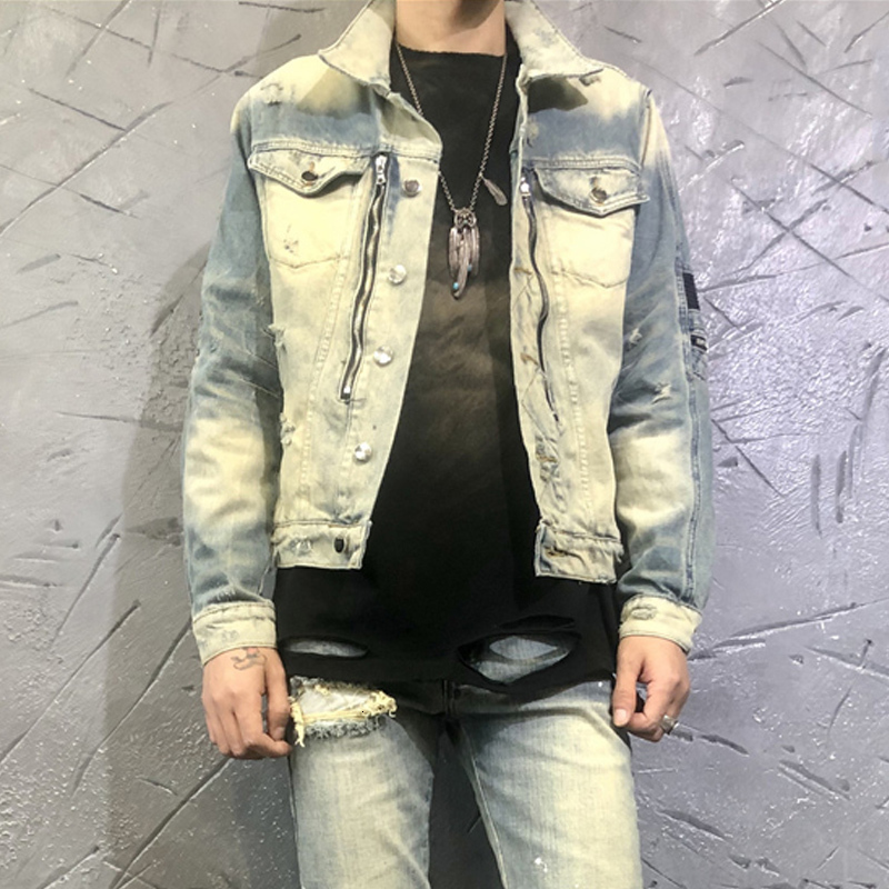 

2021 New American Streetwear Fashion Men Jackets High Quality Retro Spliced Designer Ripped Denim Punk Coats Patchwork Hip Hop Chaqueta Xx8t, Retro blue