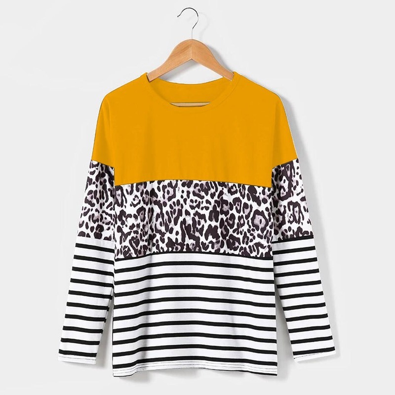 

2021 New Fashion Women Long Sleeve Print Striped + Leopard Tshirt Shirt Ladies Ol Party Top Dames Streetwear Tshirts Femininas Elegante Prl9, Yellow