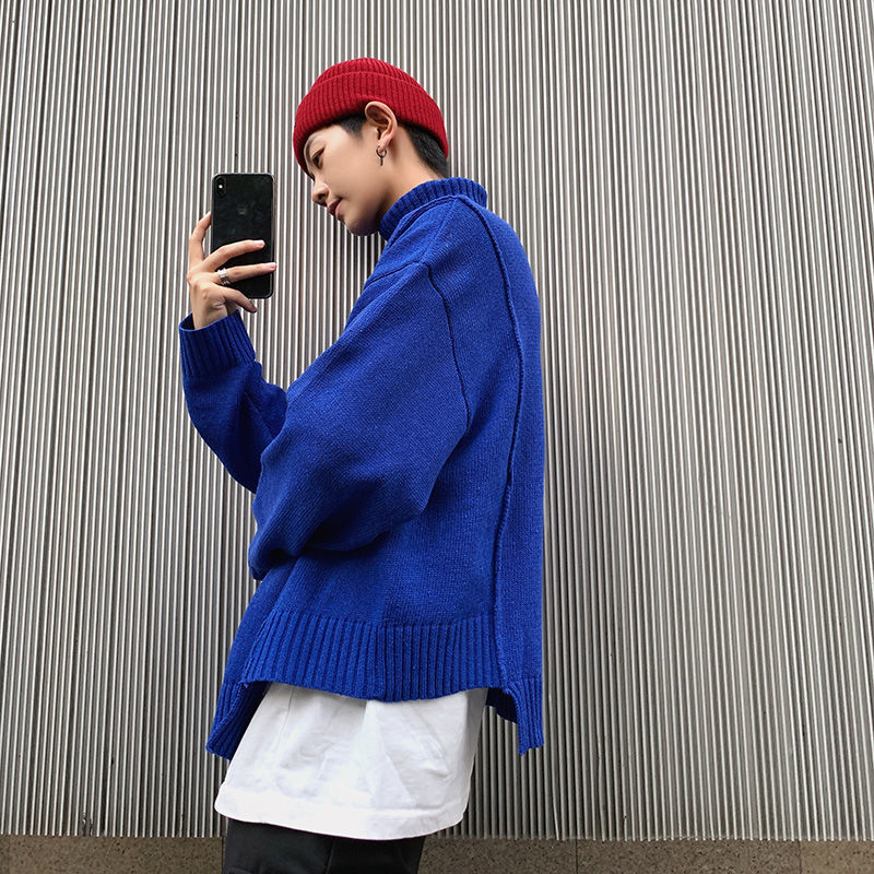 

2021 New Korean Turtleneck Sweater Men's Warm Fashion Casual Knitted Pullover Men Wild Loose Autumn Winter Knitting Sweaters Mens Clothes 6c, Blue