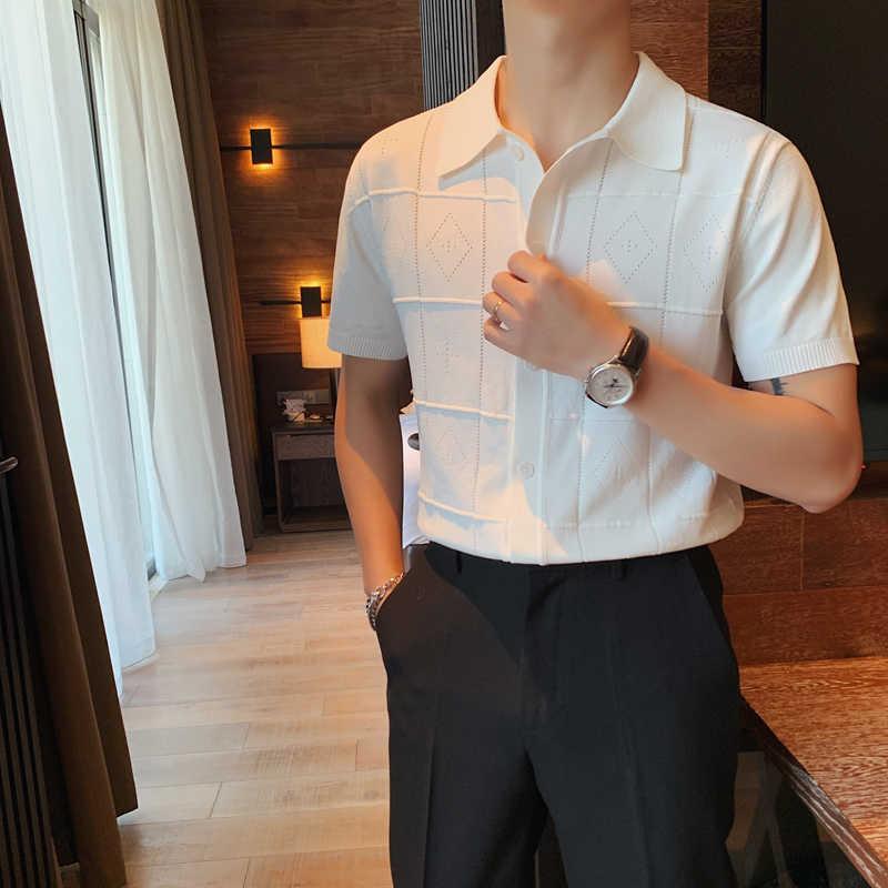 

Summer Men's Short Sleeve Knitted POLO Shirt Solid Color British Trend Slim Cardigan Business Casual Social Tops Male Clothing 210527, White