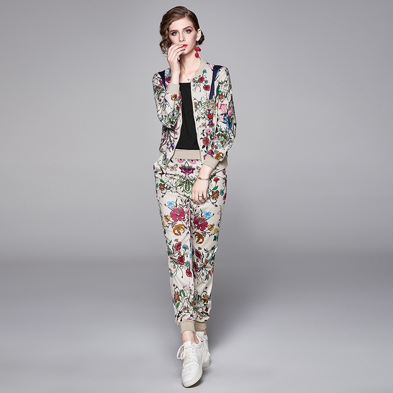 

Banulin Two Piece Set Women Fashion Autumn Winter Tracksuit Long Sleeve Floral Zipper Jacket Coat Top + Pants 210603, The picture color