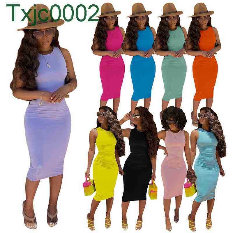 

Women Dresss Designer Slim Sexy Sleeveless Dress Casual Solid Solour Round Neck Summer New Hip Skirt 9 Colours, Pink