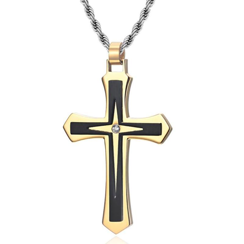 

Chains Stainless Steel Gold Christ Jesus Cross Pendant Necklace Zircon Stone Jewelry Gift For Him With Rope Chain