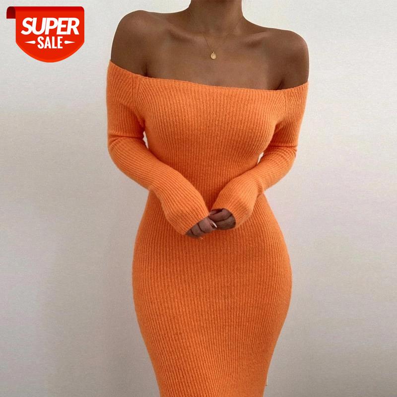 

Ribbed Off Shoulder Long Dress Women Autumn Full Sleeve Slash Neck Sexy Bodycon Dress Solid Backless Ladies Party Vestido #9V01, Black;gray