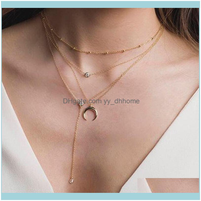 

Chokers Necklaces & Pendants Jewelrychokers Gold Color Crystal Horns Pendant Necklace For Women Girl Metal Charms Long Layered Collars Drop