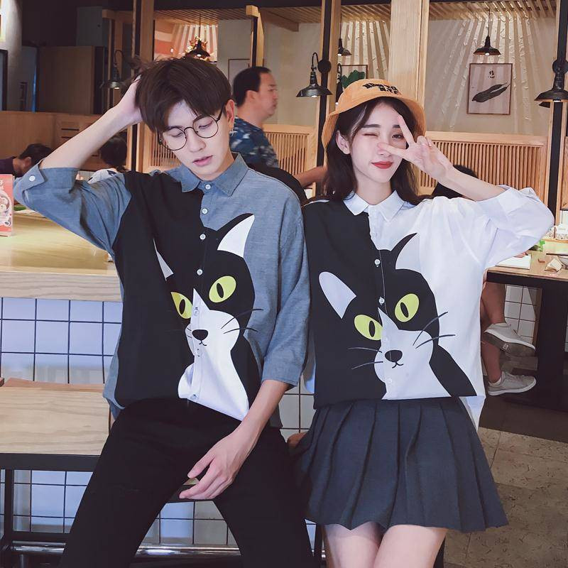 

2021 New Primavera Outono Manga Comprida Masculina Dos Homens Frescos De Algodo Da Cpia Do Gato Camisa Streetwear Casual Casal 9a0i