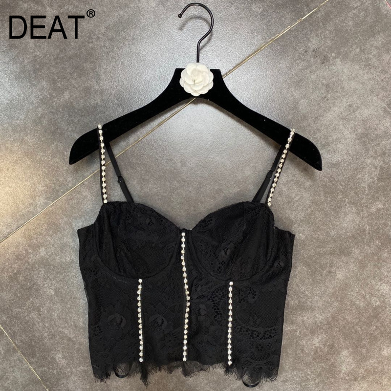 

Summer Black Sexy Sleeveless Strap Lace Crop Top Women Camisole HR469 210525