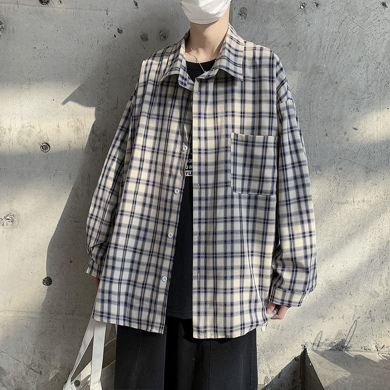 

2021 New Cotton Plaid Men's Fashion Hit Color Retro Casual Shirt Men Streetwear Spring Long-sleeved Shirts Mens M-2xl P3wy, Tibetan green grid