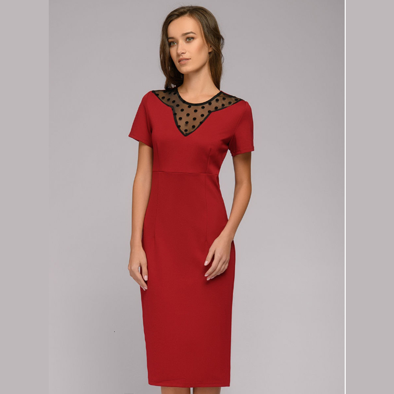 

2021 Elegant Mesh Patchwork Summer Sun o Neck Short Sleeve Slim Solid Color Fashion New Es Office Lady Women Qneh, Red