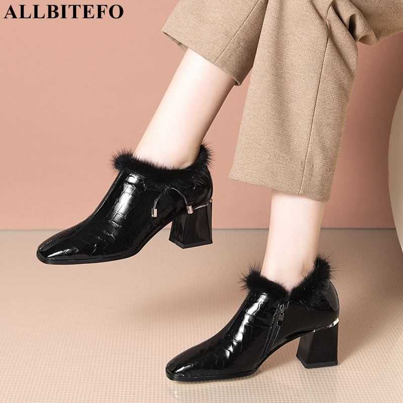 

ALLBITEFO size 33-42 Mink hair design real genuine leather women heels plush inside winter fashion high heel shoes high heels 210611, As picture