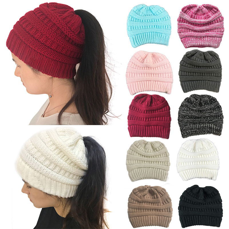 

Wholesale Classic Design Solid Color Ladies Knitting Ponytail Hat Wool Caps, Dark grey