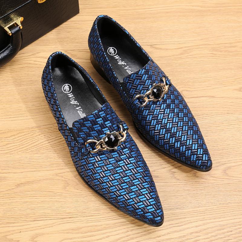 

Dress Shoes McNabney 2022 Men Leather Print Gingham Solicing Rhinestore Slip On Pointed Toe British Style With Mental Decoratio, As photo