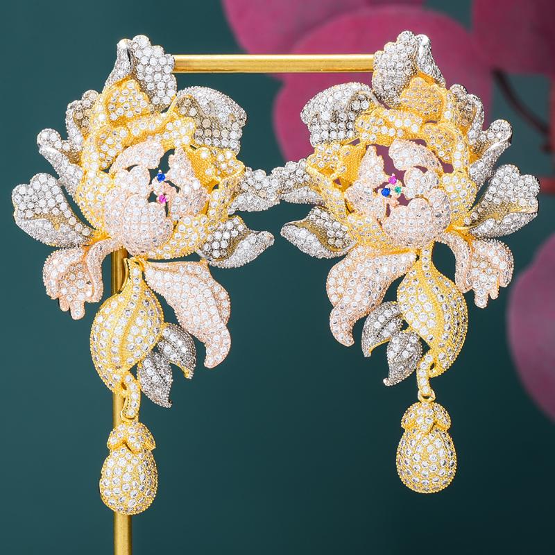 

Dangle & Chandelier Trendy 76mm Luxury Gorgeous Exquisite Big Peony Flower Earrings For Nobla Women Wedding Attend Important Occasions Jewel, Silver