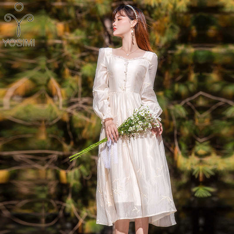 

YOSIMI Long Dresse Spring Evening Party Beige Polyeste Sleeve Mid-calf Embroidery Strapless Elegant 210604, Ivory