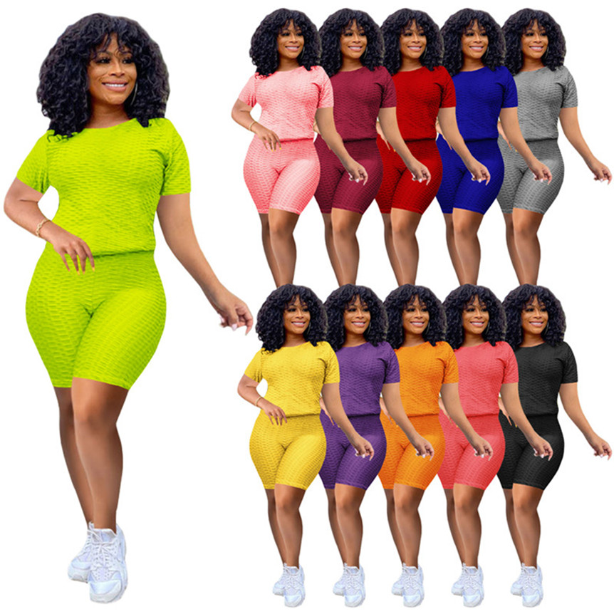 Femmes yoga Survêtement couleur unie 2 pièces ensembles haute tenues extensibles vêtements d'été sport jogger costume à manches courtes t-shirt +