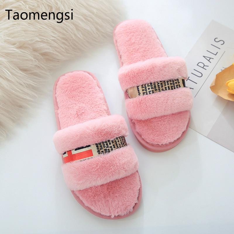 

Slippers Taomengsi Furry Female Autumn Winter Indoor Home Open Toe Wood Floor Flat Bottom Anti-skid One Word Drag, Black