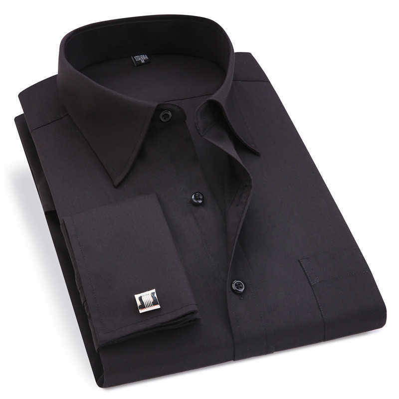 

Classic Black French Cufflinks Men's Business Dress Long Sleeve Shirt Lapel Men Social Shirt 4XL 5XL 6XL Regular Fit 210628, Fs12