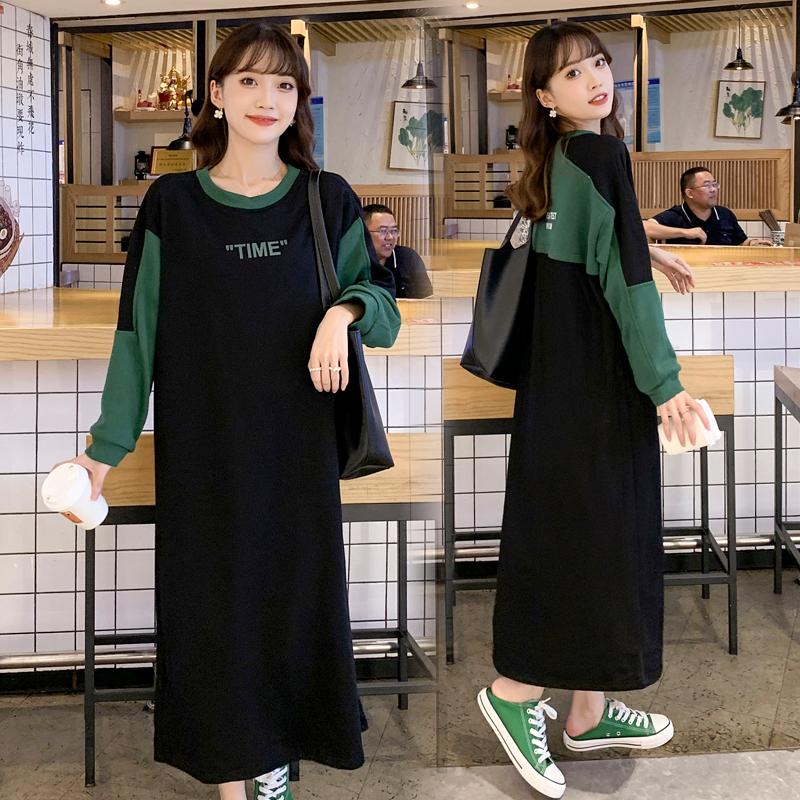 

Maternity Dresses 9012# Dress Long Sleeves Patchwork Midi Plus Size Pregnancy Large Pregnant Woman Mom, White