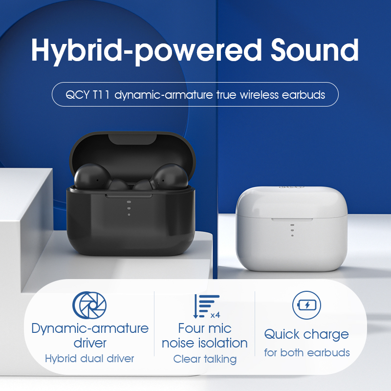 QCY T11 Dynamic-armature drivers earphone HiFi wireless headphone Bluetooth earbuds with 4 microphone HD call customizing APP-image-724957499