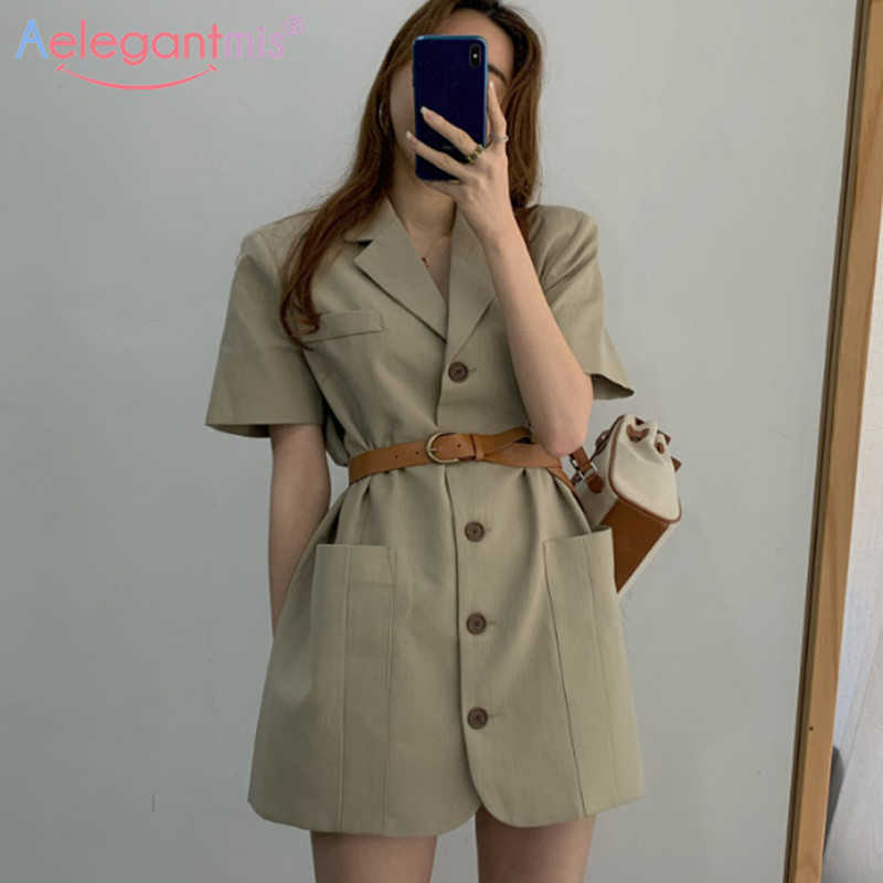 

Aelegantmis Vintage Loose Stylish Blazer Dress Women High Waist Mini Short with Belt Ladies Notched Collar Casual Vestidos 210607, White