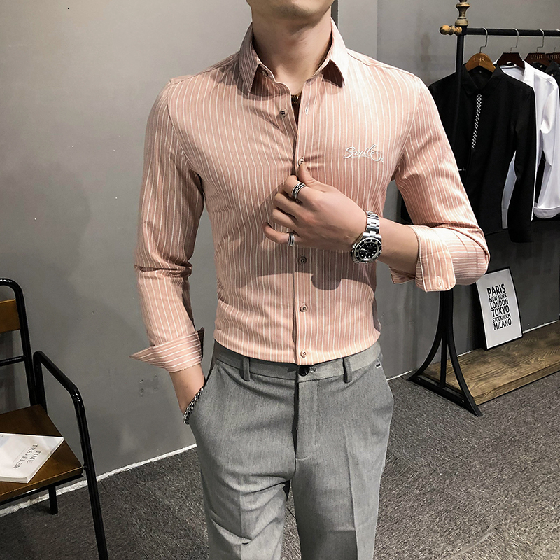 

New Alta Qualidade Da Moda 2021 Novos Homens Camisas De Pinstripe Manga Longa Negcios Formal Wear Magro Ajuste Casual Senhores Vestido Rosa, Pink stripes