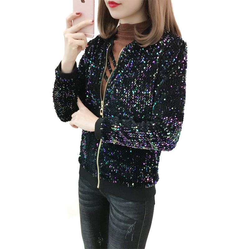 

Men's Jackets 2021 Women Sequin Jacket Plus Size Spring Autumn Bomber Long Sleeve Zipper Streetwear Lady Basic Coats Outwear - 5XL, Black no velvet