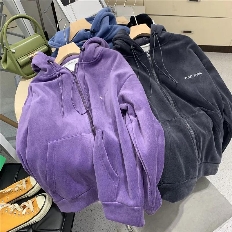 

men's hoodies & sweatshirts winter thick jacket women solid color autumn warm plus velvet korean loose embroidery zipper oversize sweat, Black