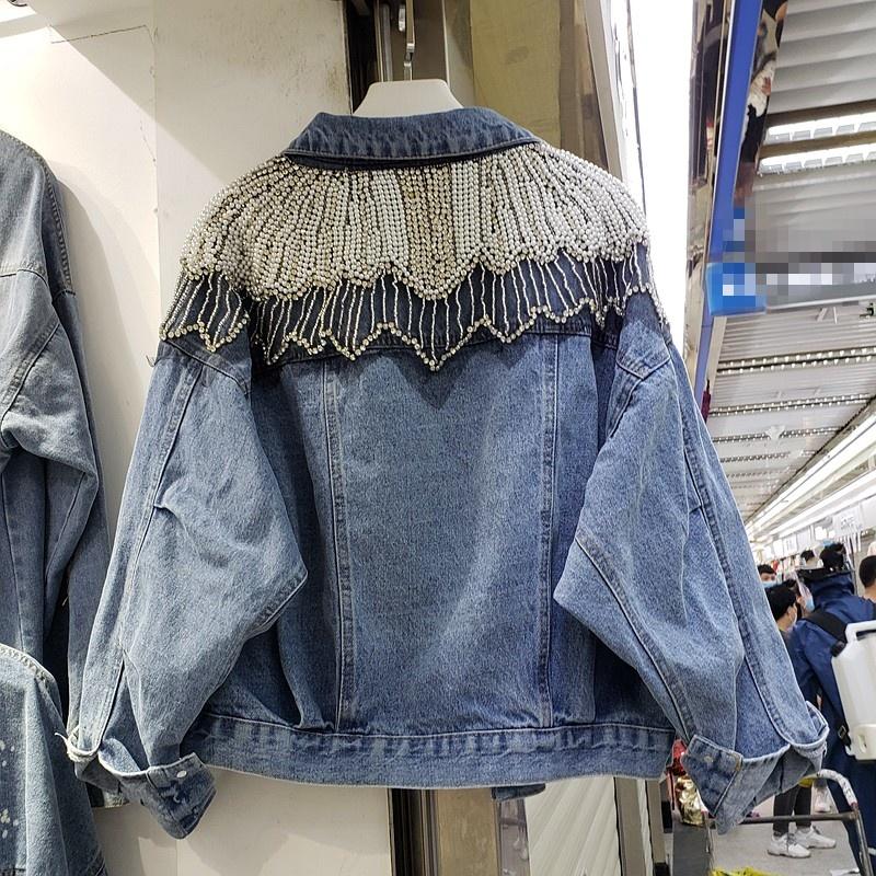 

Women's Jackets Womens Fashion Turn-Down Collar Single Breasted Pockets Loose Denim Beading Diamonds Korean Style Casual Coat, Black
