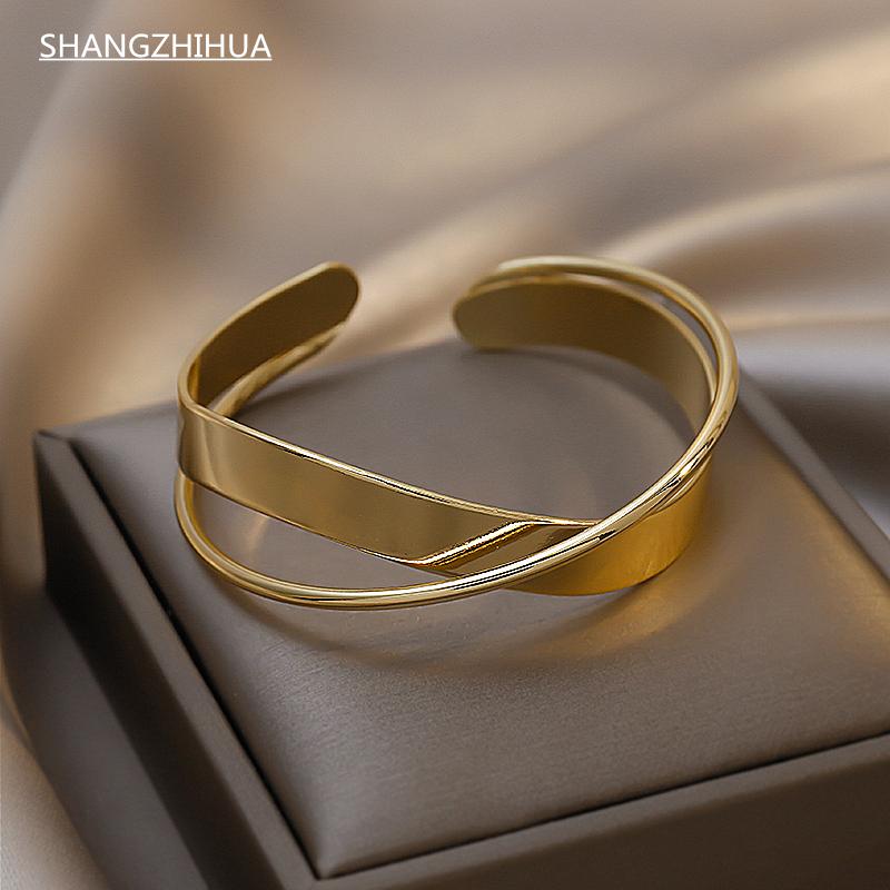 

Bangle SHANGZHIHUA European Exaggerated Grade Separation Copper Gold Bracelet Female Gothic Girls Fashion Jewelry Accessories