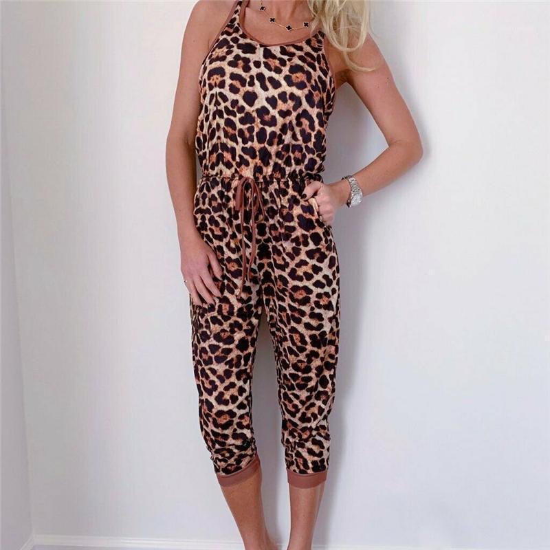 

Women' Jumpsuits & Rompers Women Sleeveless Summer Leopard Print Fashion Lady Casual Ankle-tie Drawstring Slim Jumpsuit Romper Trouse, As pic