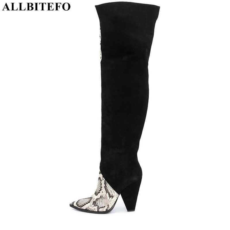 

ALLBITEFO size 34-43 flock + genuine leather women boots winter high heels shoes fashion knee high long boots sexy riding boots 210611, No plush inside