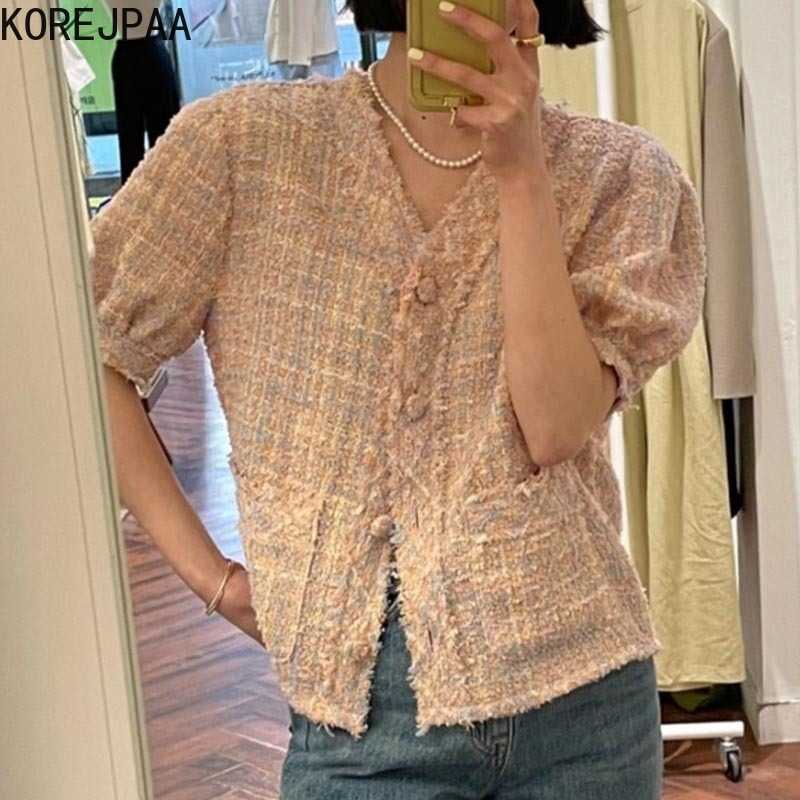 

Korejpaa Women Jacket Summer Korean Chic Temperament V-neck Fringe Edging Single-Breasted Loose Puff Sleeve Tweed Jackets 210526, Photo color