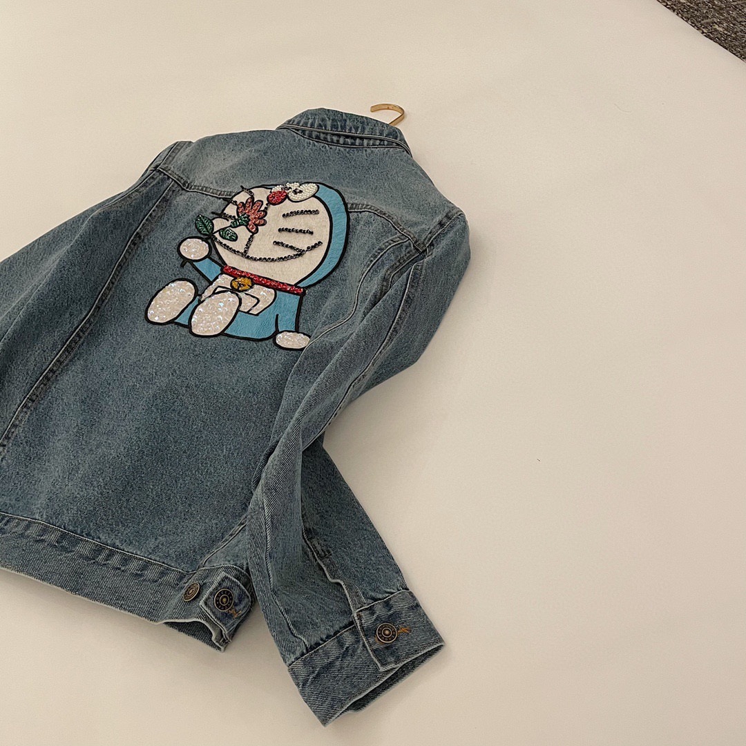 

2021 spring new robot cat heavy industry Nail Drill water soluble embroidery cute age reducing loose long sleeve denim jacket, Blue