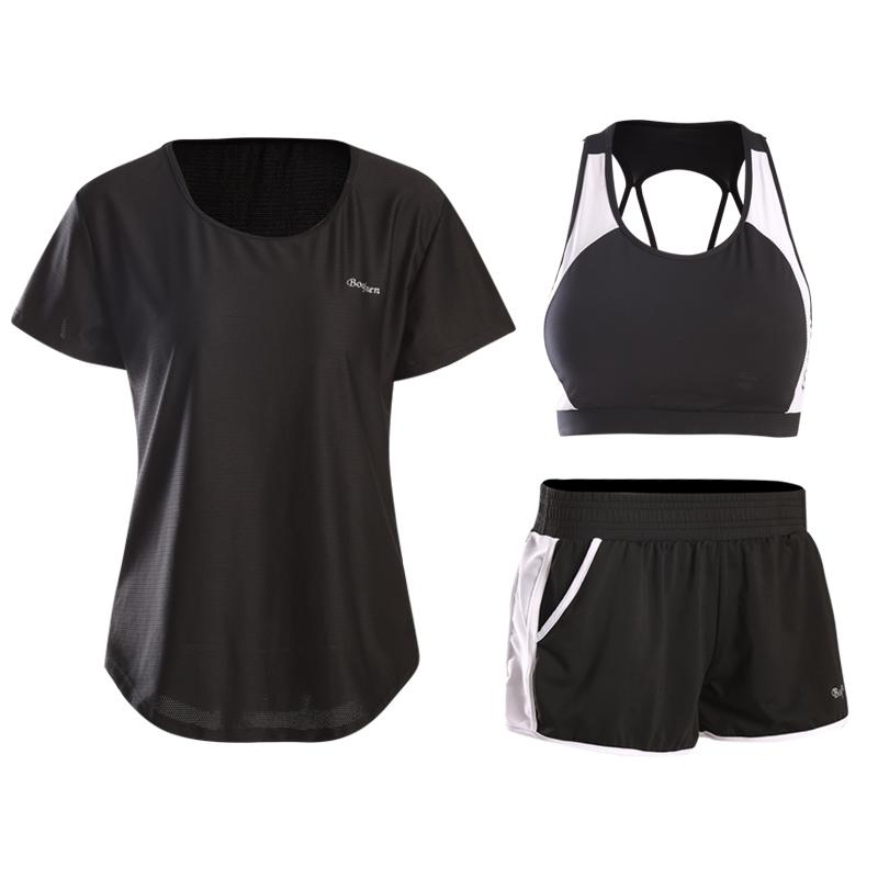 

VERZY Women Quick Dry Yoga Set for Gym Running Tights Suit Plus Size Fitness T-shirt+Bra+Shorts Professional Workout Padding Bra, Black