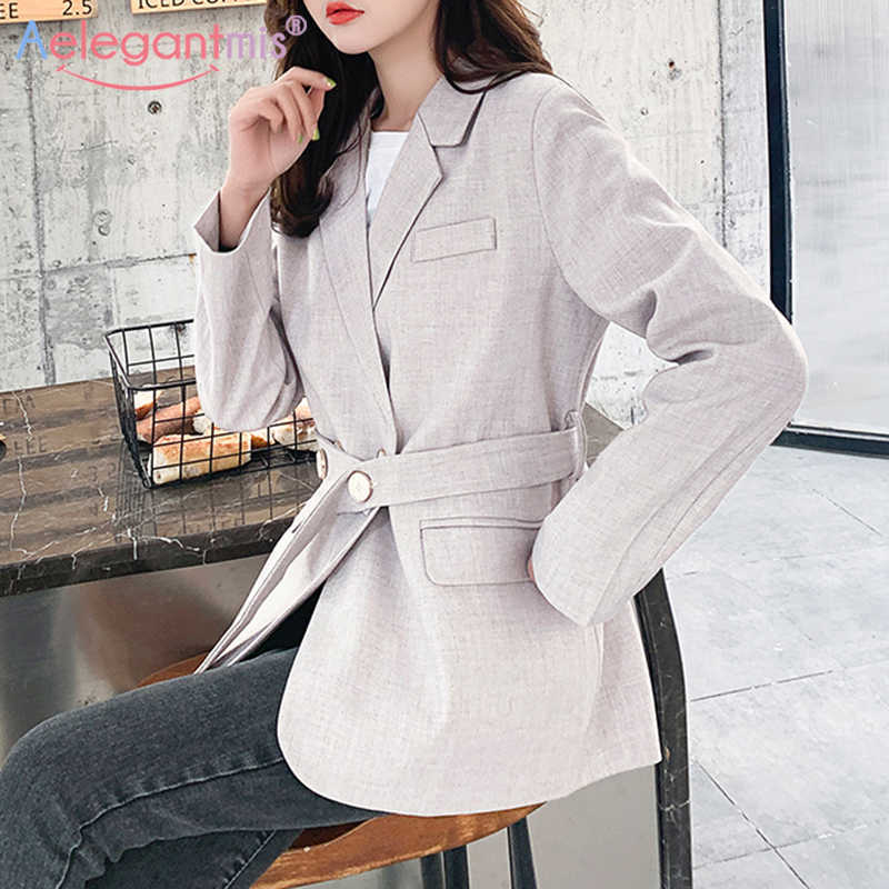

Aelegantmis Loose Vintage Women Casual Blazer Jacket Stylish Solid Slim Women's Work Suit Coat Female Blazers Outwear With Belt 210607, Pink