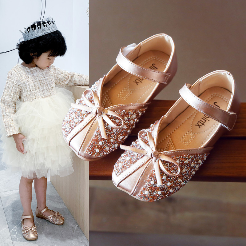 70% Off Factory Online Girls' leather shoes 2021 spring new Korean soft bottom Rhinestone fashion Velcro princess bow casual single