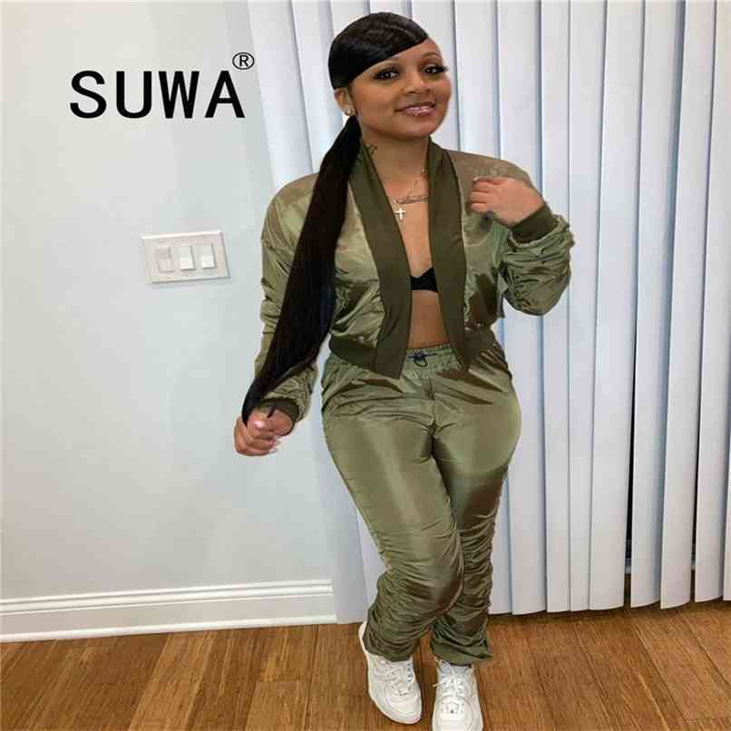 

Green Tracksuit Women Two Piece Sets Fall Winter Workout Clothes Long Sleeve Jacket Top K-Pop Style Baggy Pants Cool Girl 210525, Black